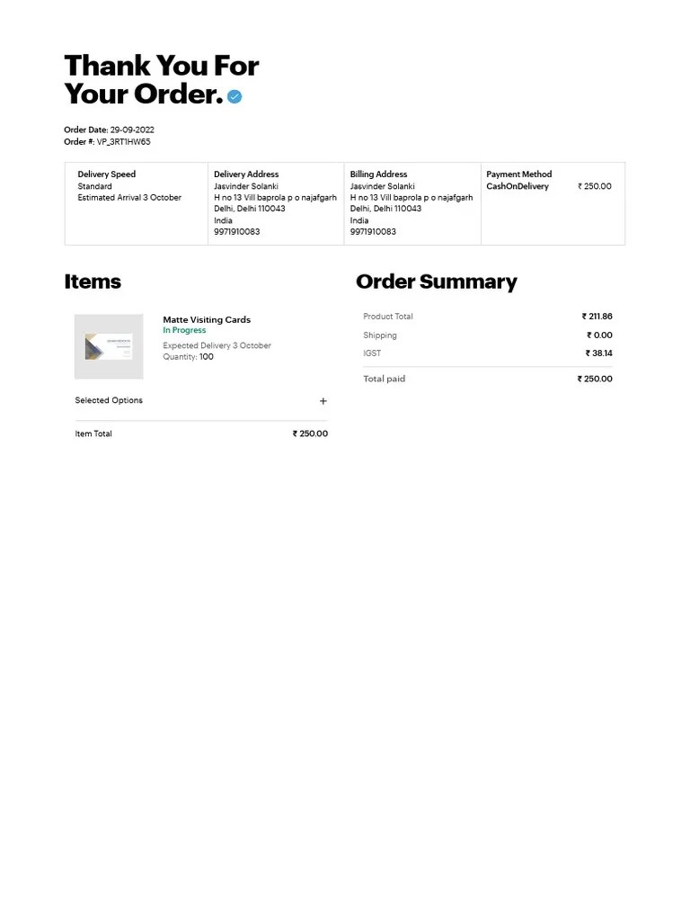 VistaPrint Order Details PDF