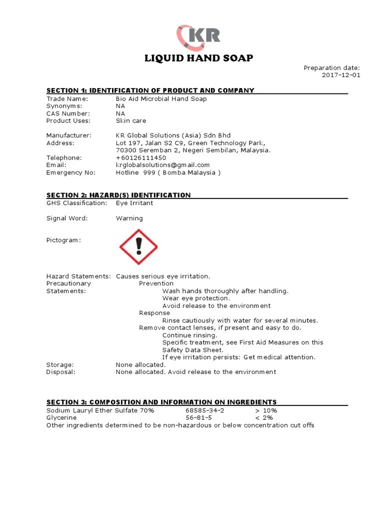 Sds Hand Soap English PDF Water Hazards