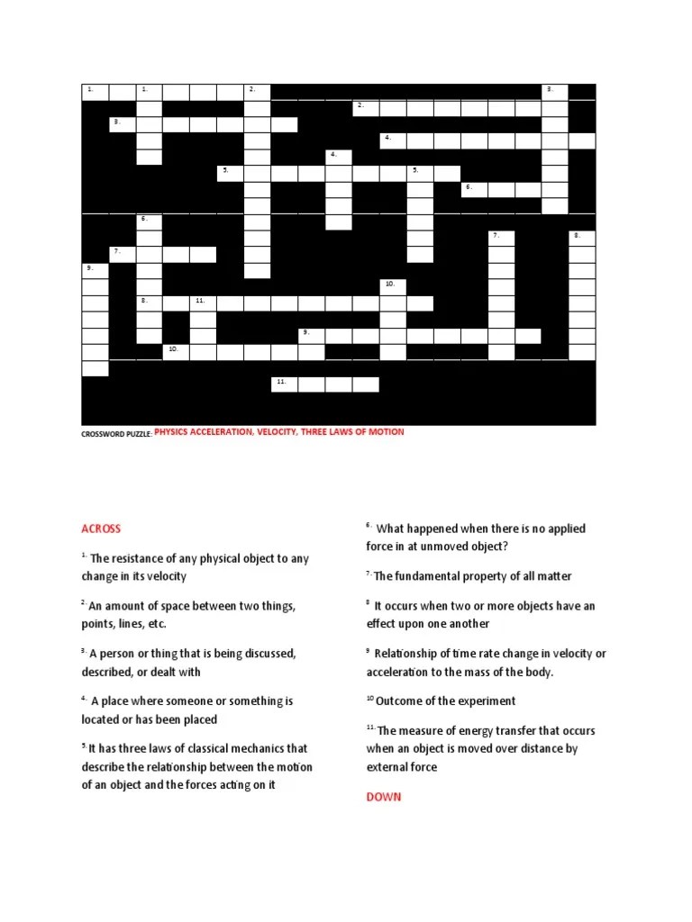 Crossword Puzzle Physics Acceleration, Velocity, Three Laws of Motion