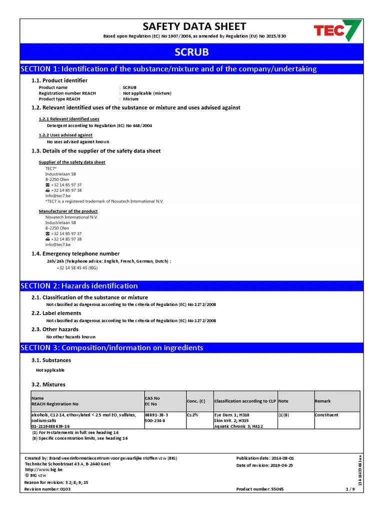 Scrub Safety Data Sheet EN PDF Personal Protective Equipment Toxicity