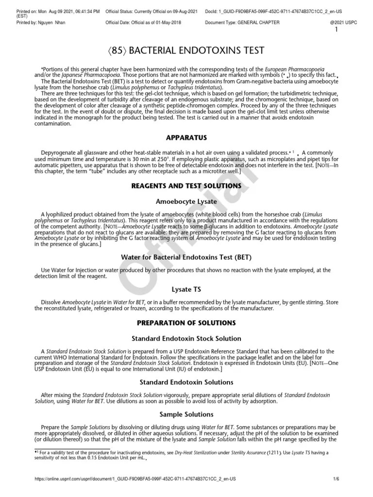 〈85〉 Bacterial Endotoxins Test PDF Assay Ph
