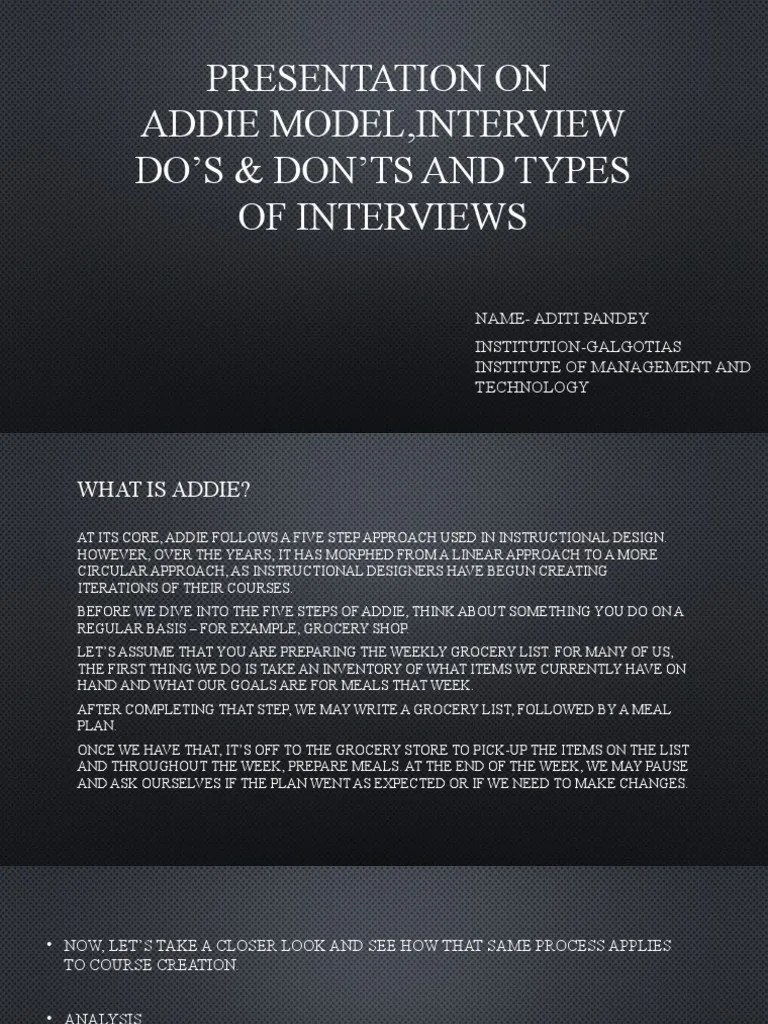 Presentation On Addie Model, Interview Do'S & Don'Ts and Types of