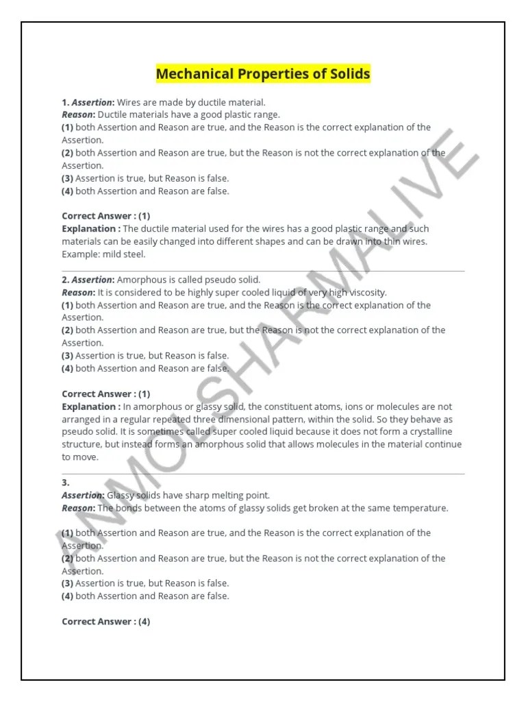 Mechanical Properties of Solids AR MCQS PDF Elasticity (Physics