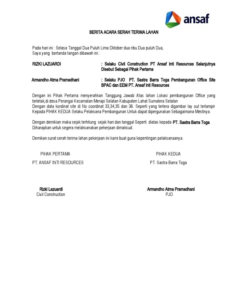 Serah Terima Lahan OFFICE SBT PDF