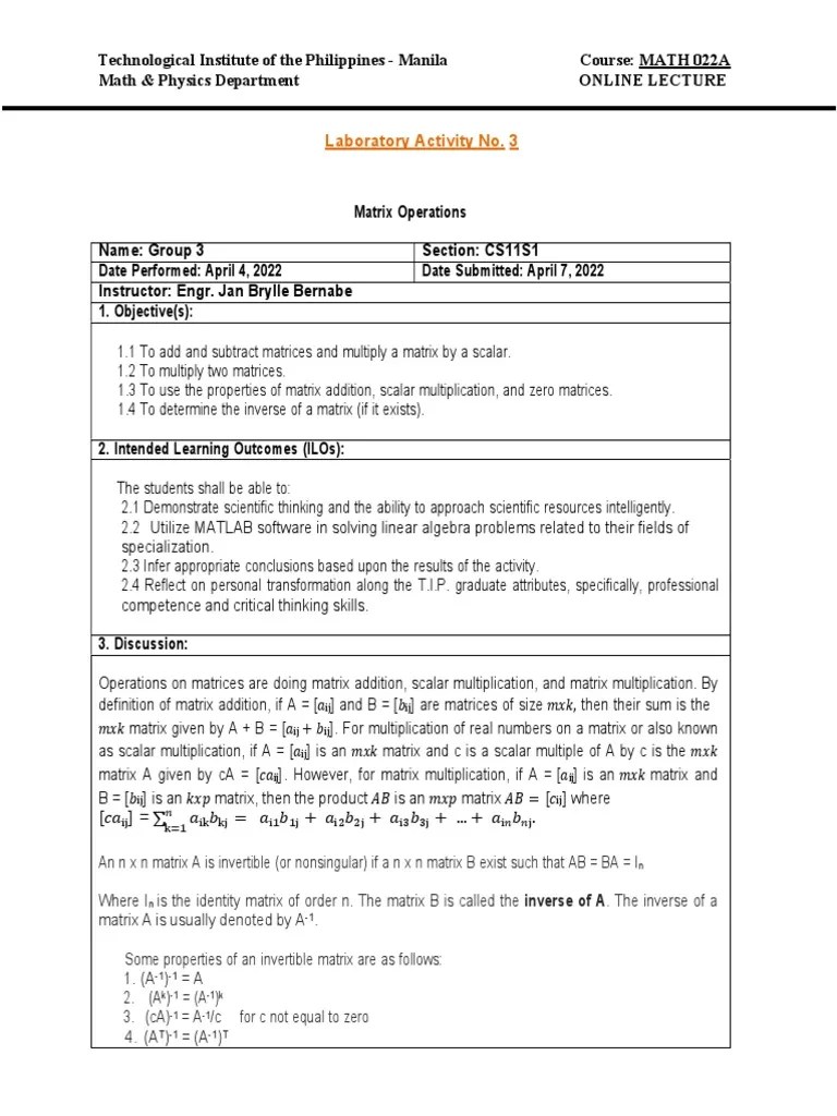 Group 3 Laboratory 3 Matrix Operations PDF Matrix (Mathematics