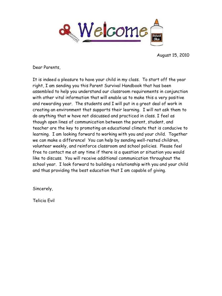 Parent Welcome Letter1.Telicia_2 | Homework | Teachers