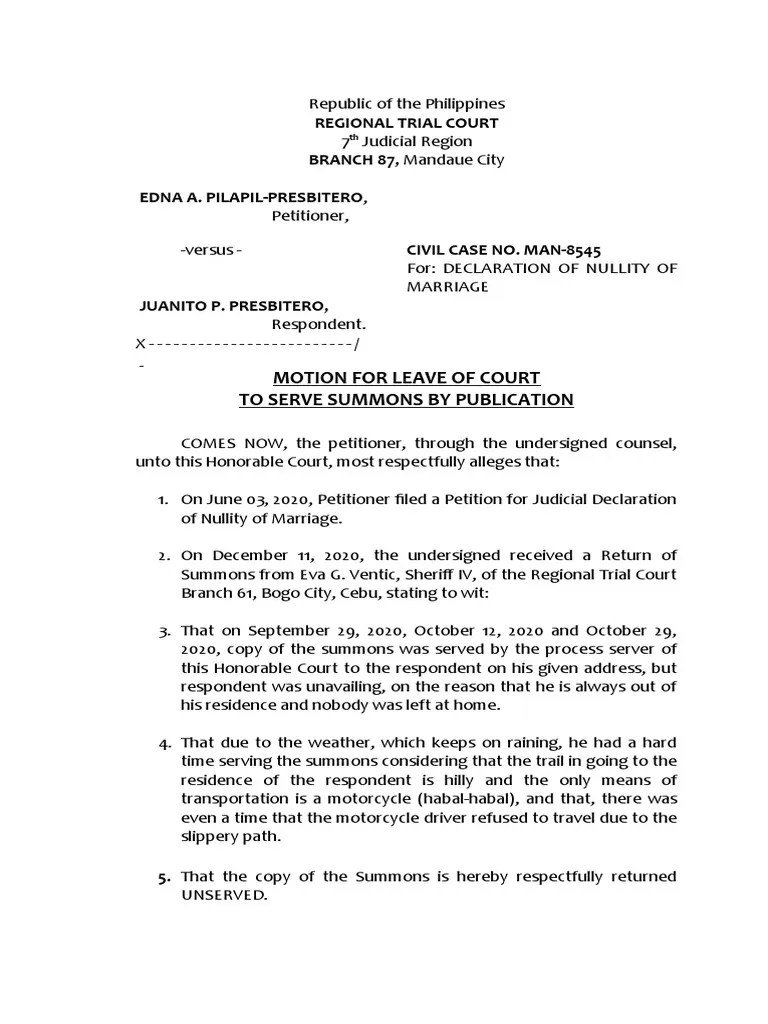 Motion For Leave To Serve Summons by Publication PDF Annulment