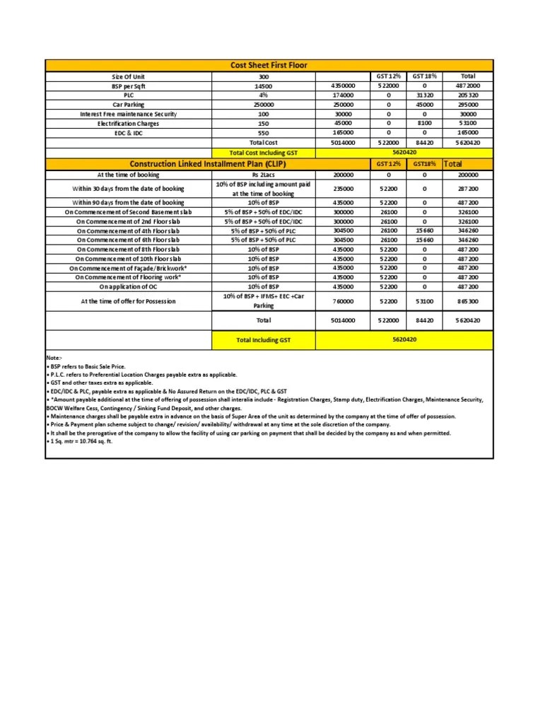 Cost Sheet First Floor CLP PDF Taxation Public Finance