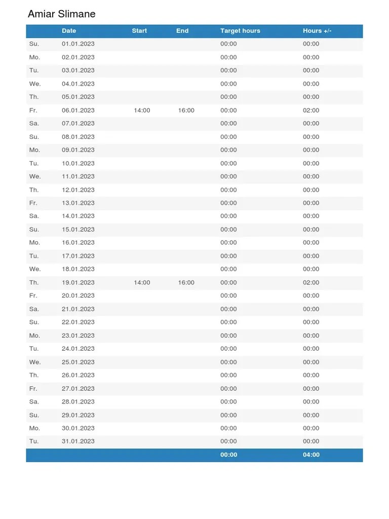 Date Start End Target Hours Hours + PDF