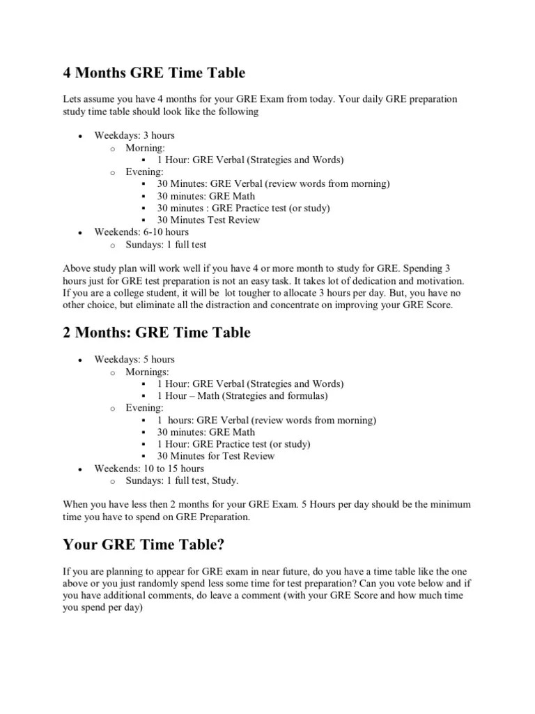 4 Months GRE Time Table PDF