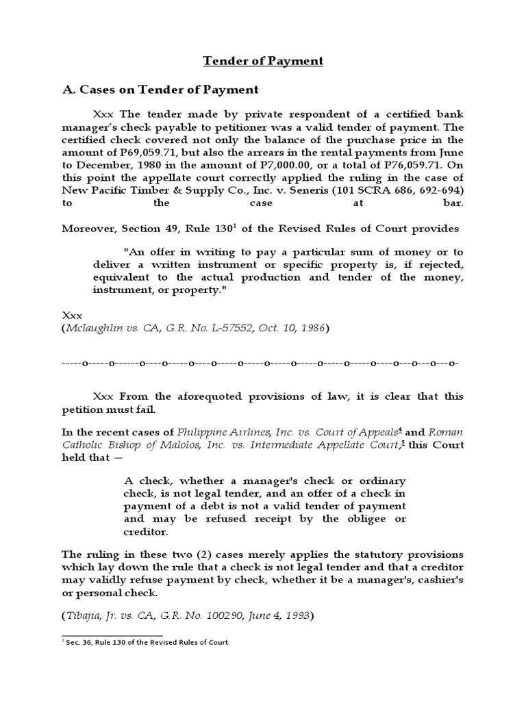 Cases On Tender of Payment PDF Legal Tender Money
