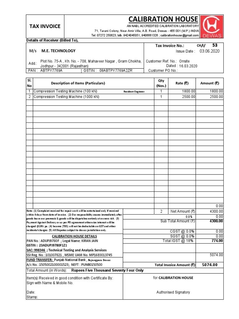 Calibration House Tax Invoice PDF Invoice Government