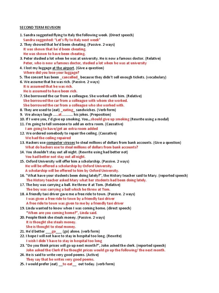 Second Term Revision. Key PDF Linguistics Grammar