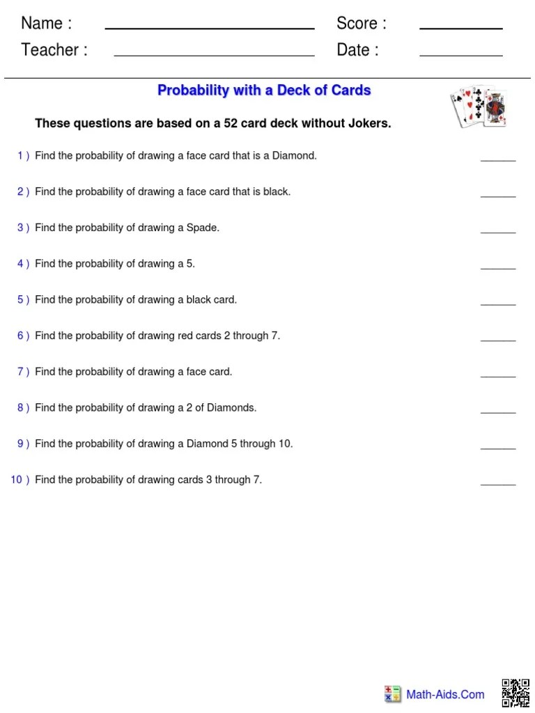 Probability - Cards Worksheet Basic Math Aids | PDF | Playing Cards