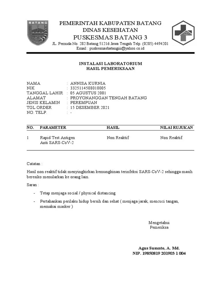 Contoh Hasil Antigen PDF