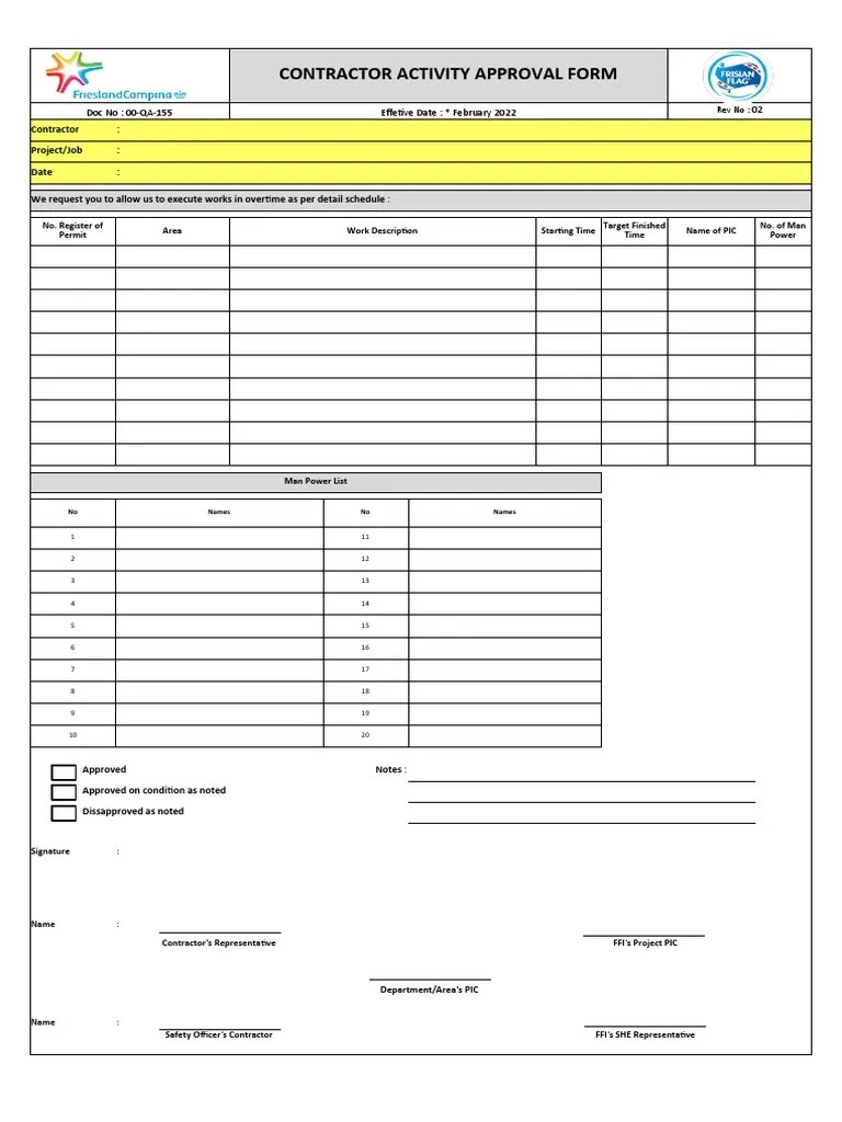 00QA155 Contractor Activity Approval Form Rev.02 PDF