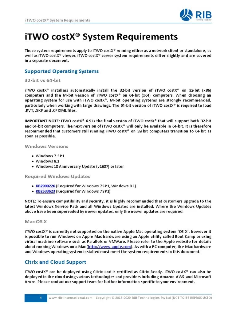 System Requirements (iTWO Costx Client) PDF Microsoft Windows 64