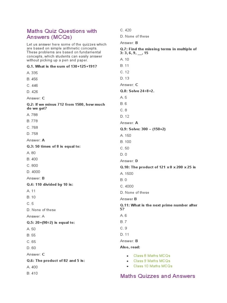 Maths Quiz Questions With Answers PDF Mathematics Elementary