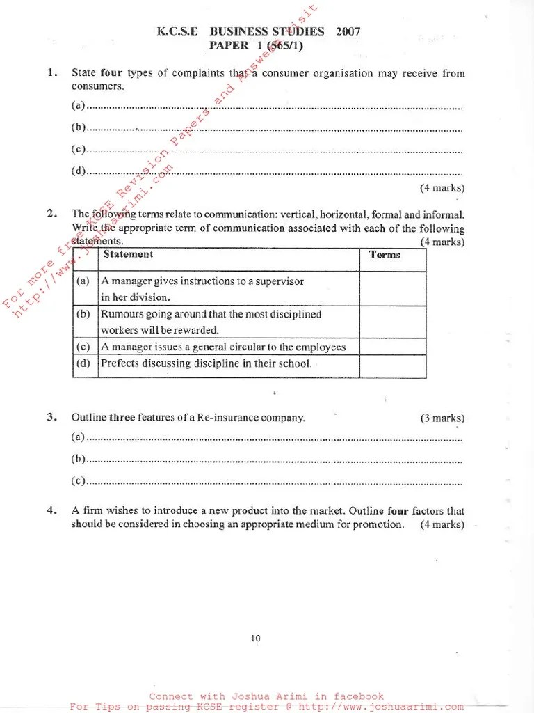 KCSE 2007 Business Studies PAPER 1 PDF
