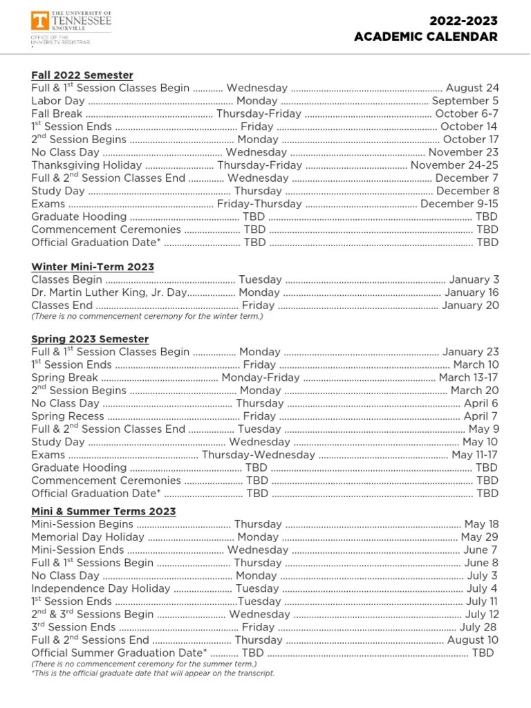 UT Knoxville Academic Calendar 20222023 PDF Academic Term Festival