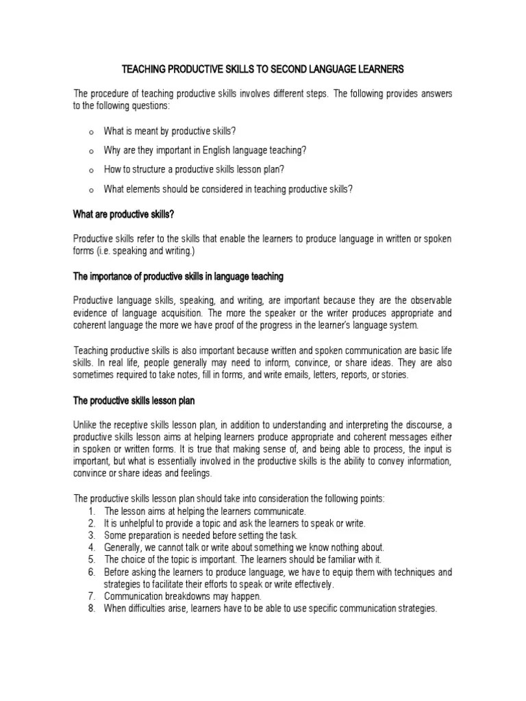 Reflecting On Teaching Productive Skills To Second Language Learners