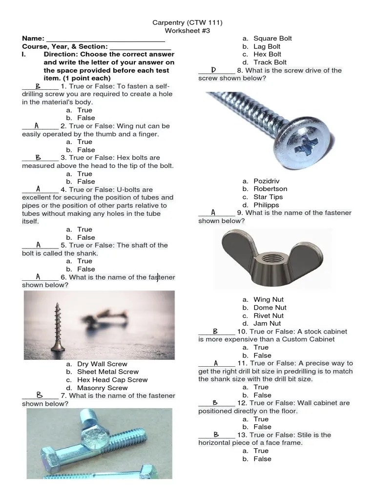 Worksheet No.3 (Carpentry) PDF Screw