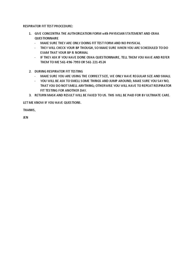 Respirator Fit Test Procedure PDF