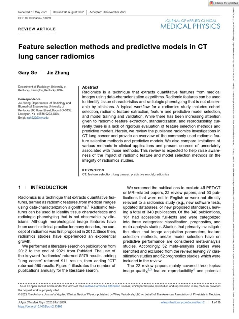 J Applied Clin Med Phys 2022 Ge Feature Selection Methods and Predictive Models in CT Lung