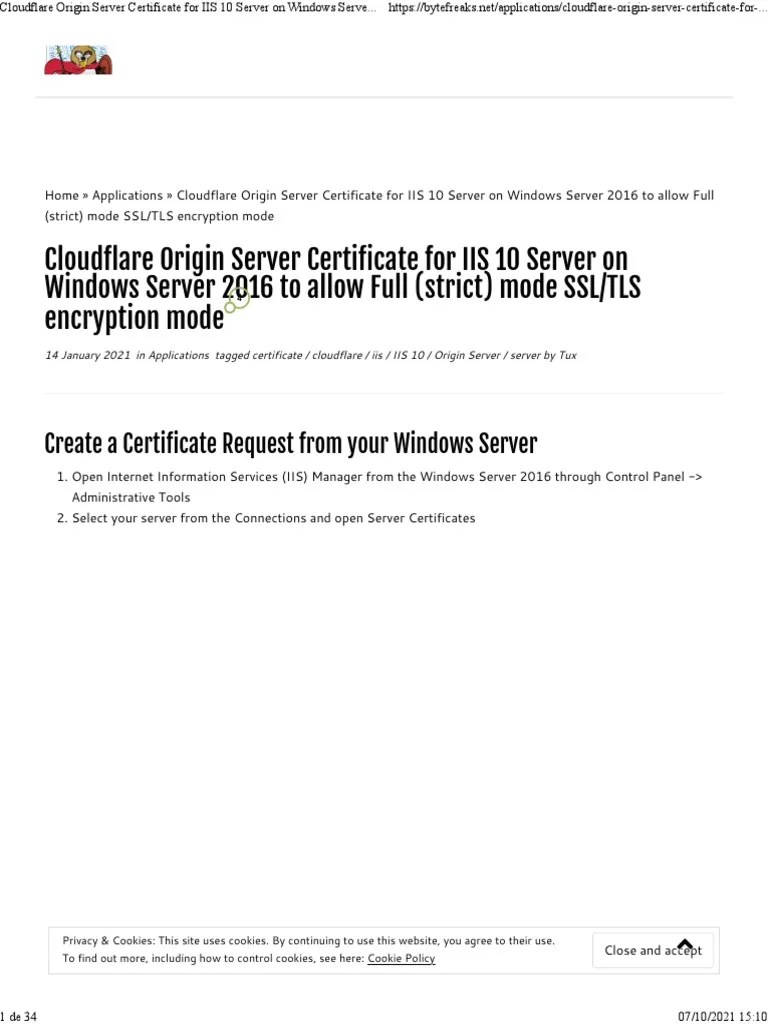 Cloudflare Origin Server Certificate For IIS 10 Server On Windows Server 2016 To Allow Full