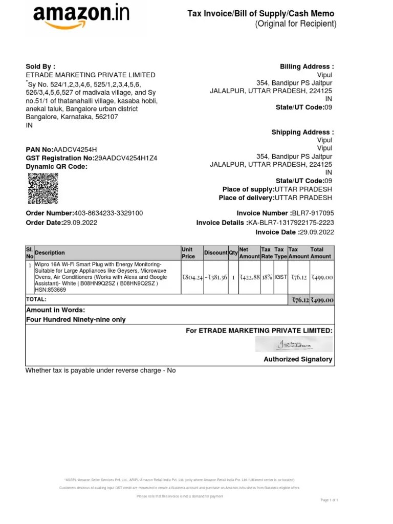 Tax Invoice for the Sale of a Wipro Smart Plug from Etrade Marketing