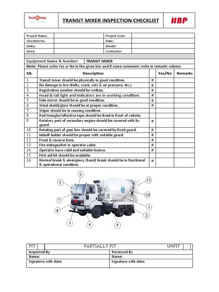 Checklist For Equipment Inspection TRANSIT MIXER PDF