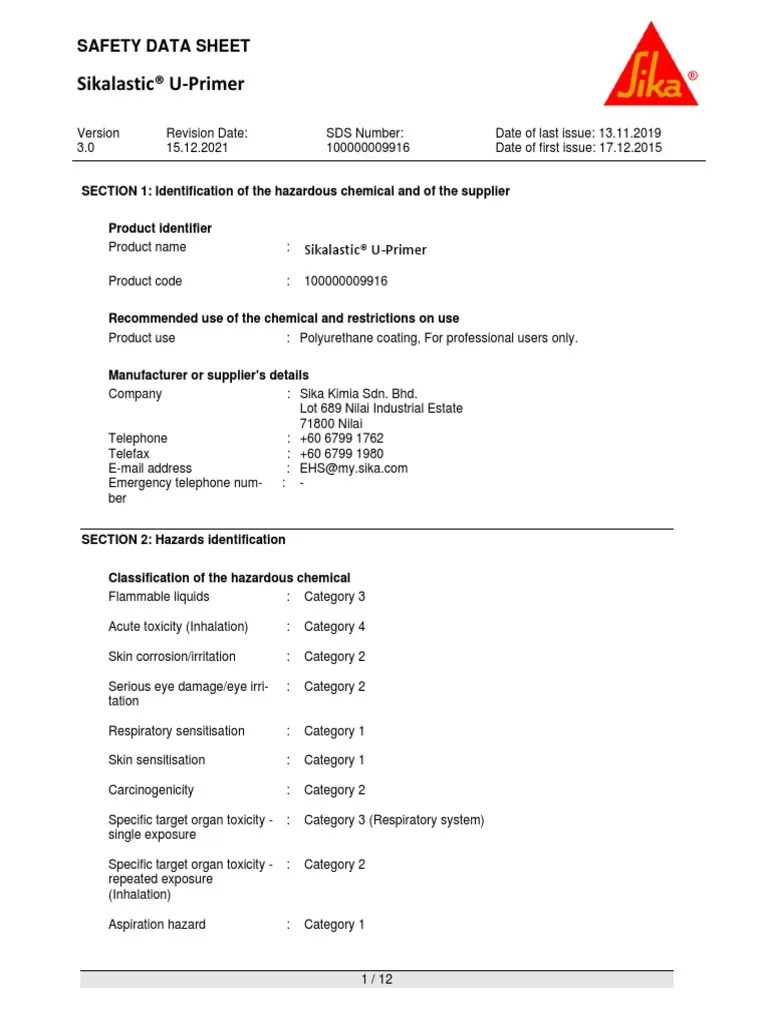 Sikalastic U Primer SDS en MY PDF Toxicity Dangerous Goods