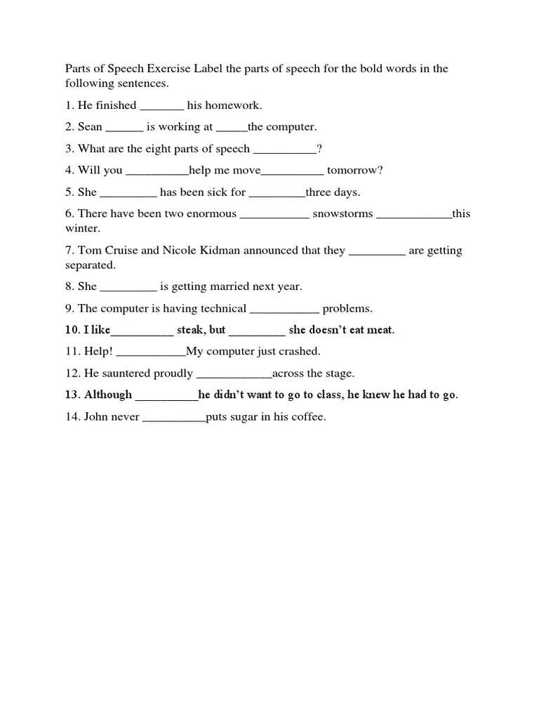 Parts of Speech Exercise PDF