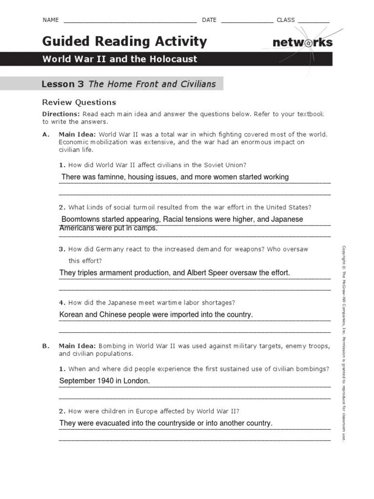 Netw Rks Guided Reading Activity Lesson 3 The Home Front and Civilians