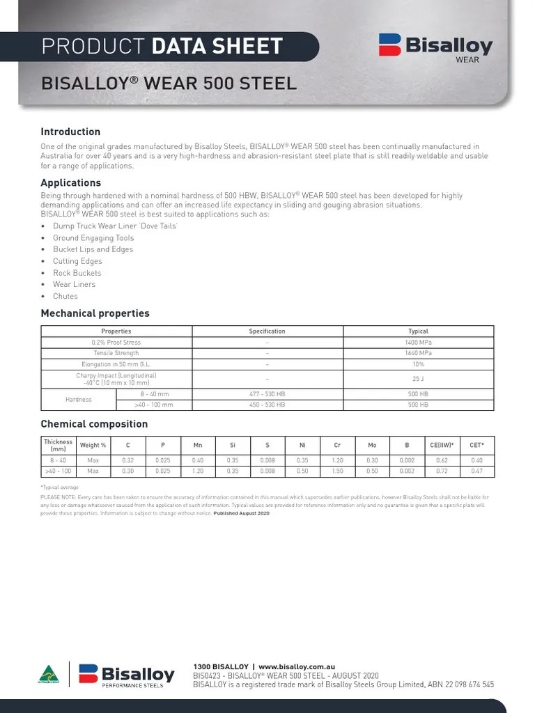 Data Sheet BISALLOY 500STEEL PDF Steel Wear