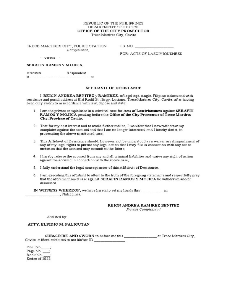 Affidavit of Desistance in Acts of Lasciviousness Case PDF