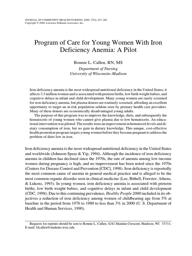 Program of Care For Young Women With Iron Deficiency Anemia A Pilot