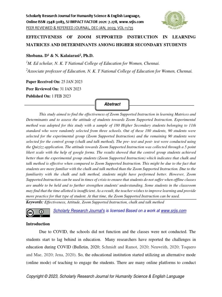 Effectiveness of Zoom Supported Instruction in Learning Matrices and