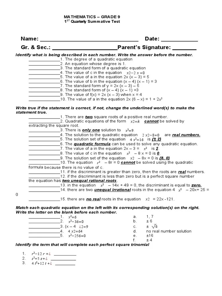1st Summative Test Grade 9 PDF Quadratic Equation Equations