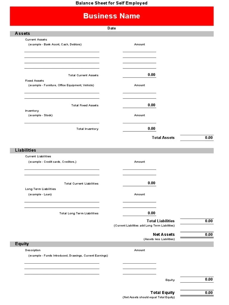 Balance Sheet For Self Employed PDF
