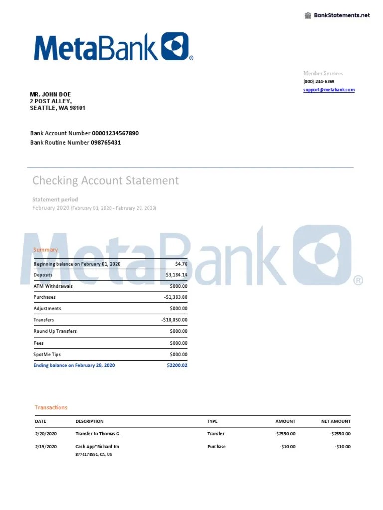 Checking Account Statement Bank Account Number 00001234567890 Bank