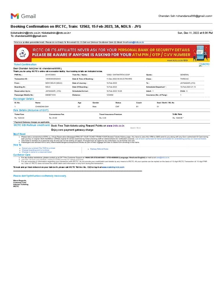 Gmail Booking Confirmation On IRCTC, Train 12562, 15Feb2023, 3A