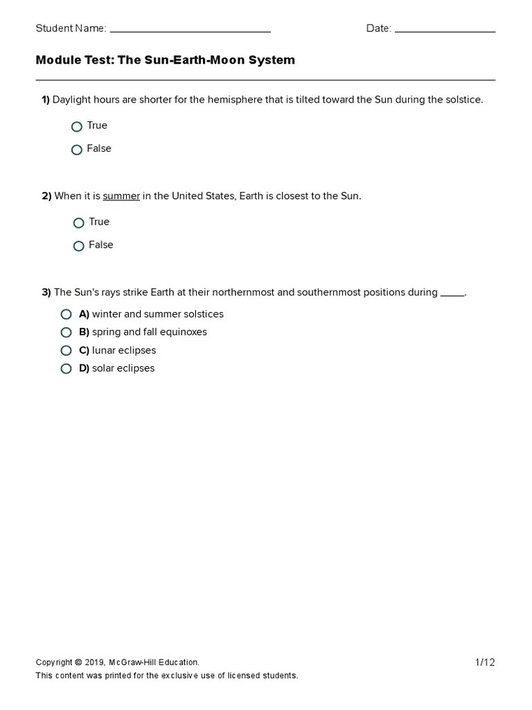 7E Module+Test - The+Sun-Earth-Moon+System - SE | PDF | Moon | Earth