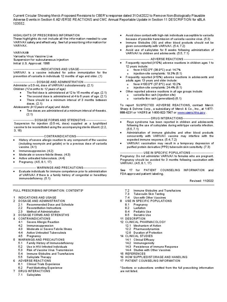 Package Insert Varivax PDF Vaccines Public Health