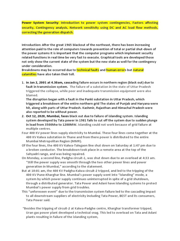 Unit 4 Power System Security PDF Electric Power Transmission