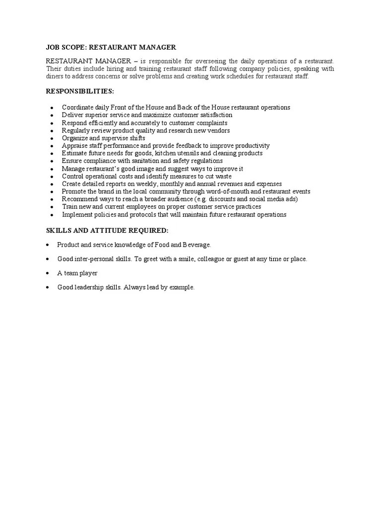 Job Scope Restaurant Manager PDF