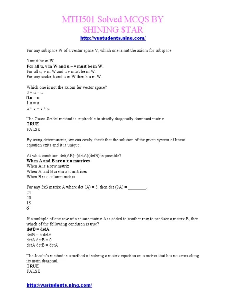 Solved Multiple Choice Questions from MTH501 on Linear Algebra Topics PDF Matrix
