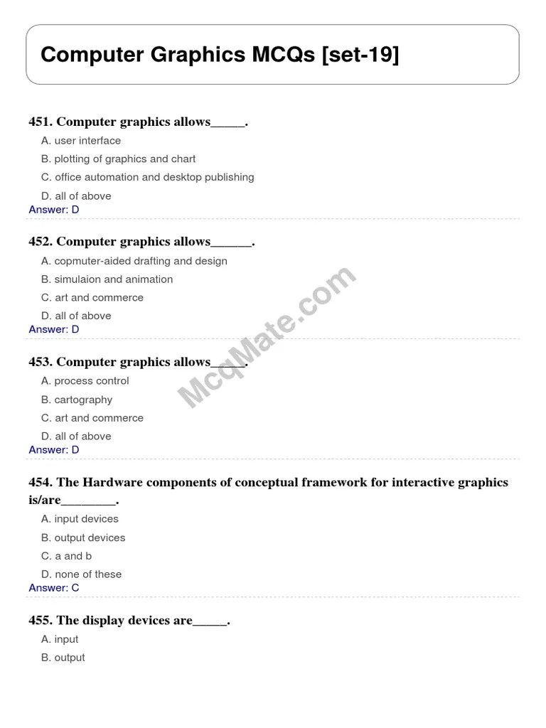 Computer Graphics Solved MCQs (Set19) PDF Graphic Design Computing