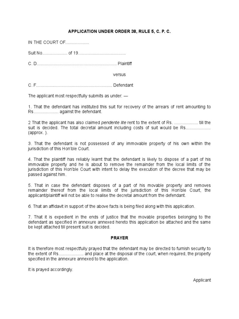 Application Under Order 38, Rule 5, C. P. C PDF
