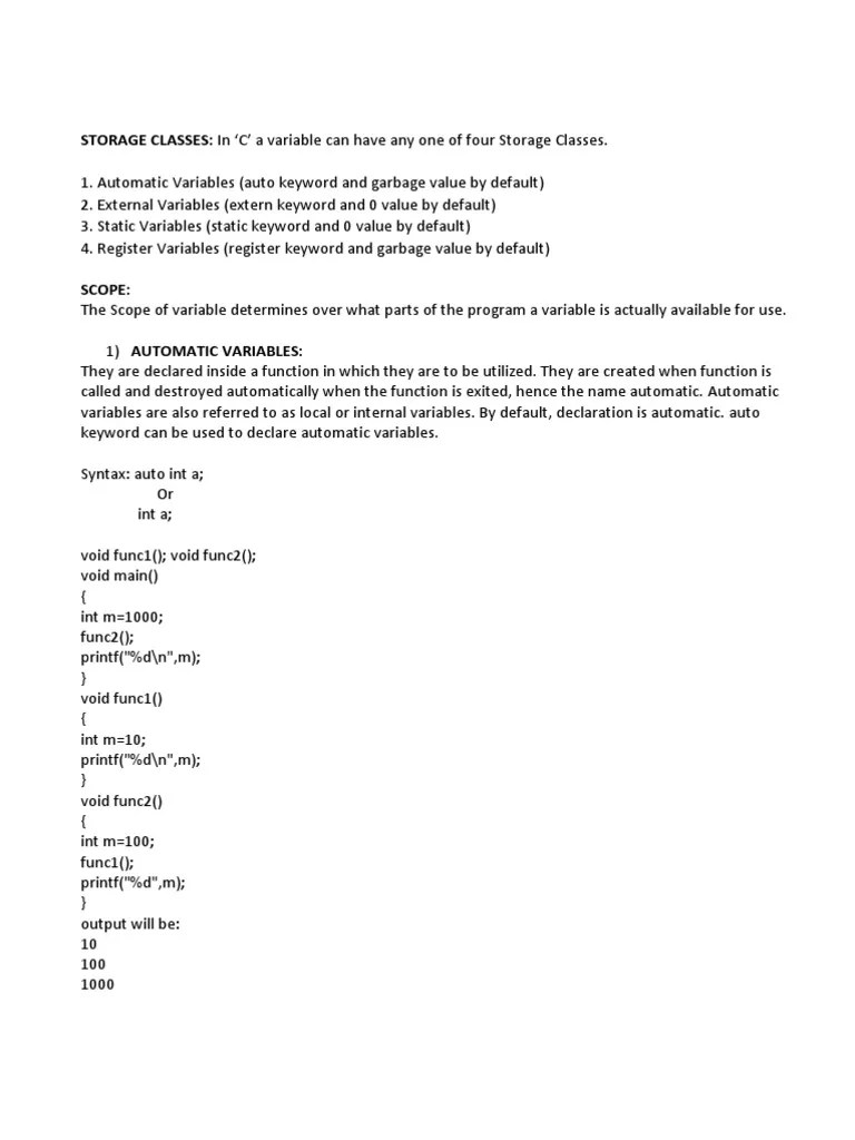 A Comprehensive Guide to Variable Storage Classes, Scopes, and Arrays